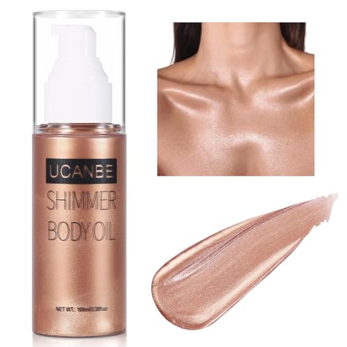 UCANBE Body Shimmer Oil 100ml, Moisturizing Body Glow Glitter Oil, Waterproof Shimmering Luminizer Liquid Illuminator Highlighter, Tinted Shimmer Lotion Glowing Bronzer Makeup(Rose Gold)