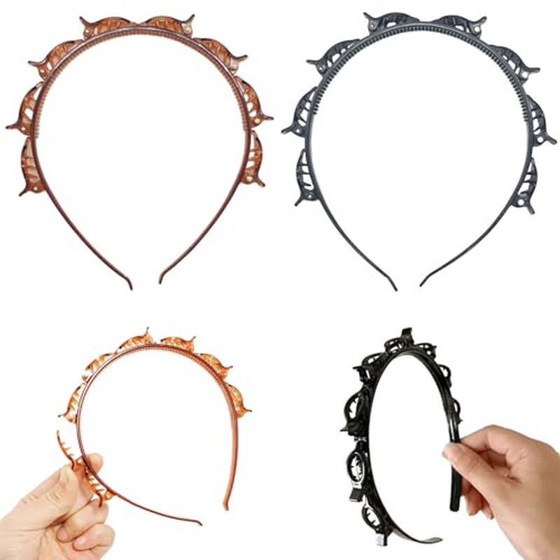 2 Pack Non-Slip Braided Headband with Clips for Bangs - Black & Brown
