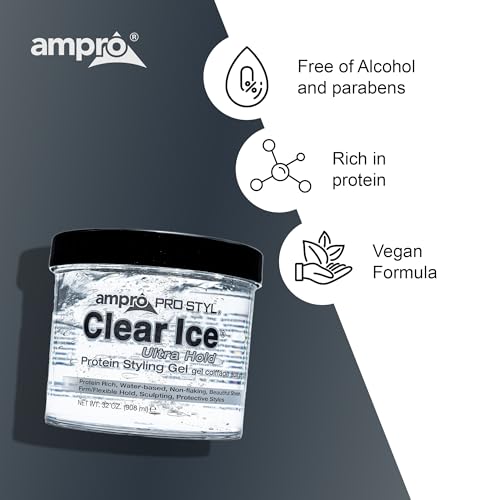 Ampro Pro Styl Clear Ice Styling Gel - Protects and Strengthens Your Strands - Non-Flaking, Alcohol Free, Vegan Formula - Flexible, Touchable Hold for All Hair Types - 32 oz