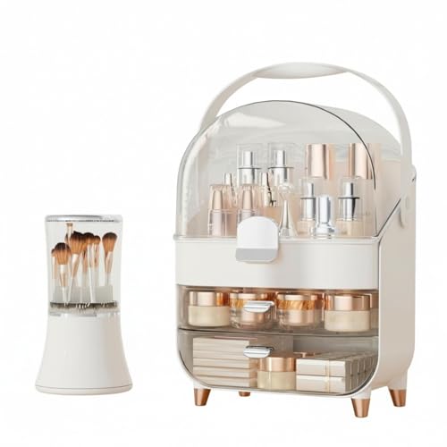 Makeup Organizer Countertop & Makeup Brush Holder with Lid 360 Rotating Clear Dustproof Skincare Holder for Vanity Bathroom Countertop, Ideal Gifts for Women, Transparent, Silver