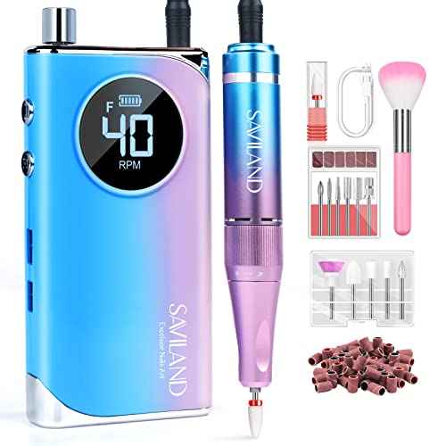 SAVILAND Electric Nail Drill: 40000RPM Nail Drill Professional with 56 Sanding Bands 12 Bits Sets, Rechargeable Nail File Ultra Power Machine for Acrylic Nails Gel Polishing Removing, Salon Home