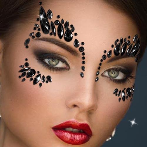 Face Gems Tattoo, Festival Face Jewels Tattoo Stickers,Face Gems Stick on Face, Body Gem Temporary Face Tattoos for Women, 6-Pack,Black