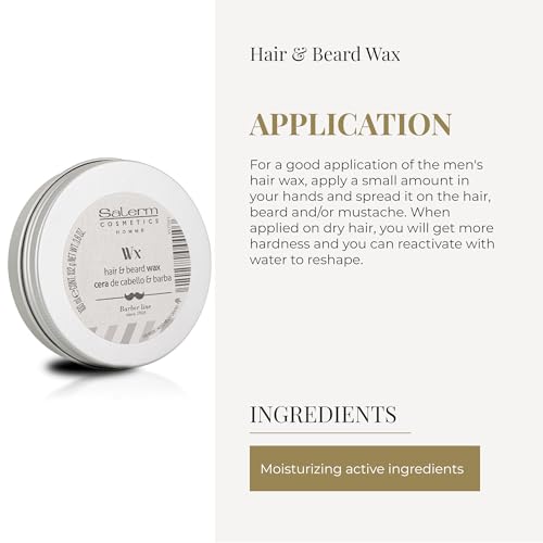 SALERM - Men's Hair Wax - Homme Barber Line - 100 ml - for Hair, Beard, and Mustache - Strong Hold and Medium Shine - with Hydrating Actives - Keeps Style Longer