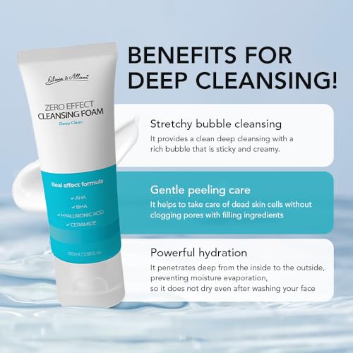 Olivia & Allison ZERO EFFECT CLEANSING FOAM 3.38fl oz (100ml) Natural BHA + AHA + Triple Eyaluronic Acid + Liposomal Cerasome for Gentle Exfoliation & Hydration