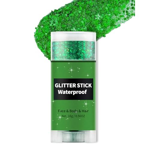 Green Face Body Glitter Stick,Waterproof Shimmer Irish St Patrick's Day Outfit Accessories for Women,Mardi Gras Rave Singer Concert Festival Mermaid Sequins Chunky Hair Glitter Paint Makeup