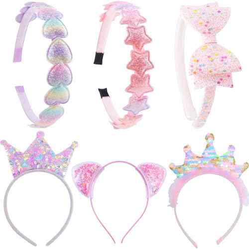 Headbands for Girls 6 Pack Toddler Headbands Glitter Kids Hairband Cat Bow Heart Star Crown Hair Accessories for Toddler Girls Teens