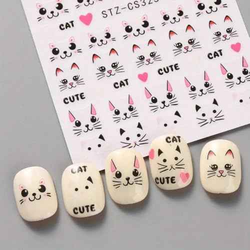 4 Sheets Cute Pink Cat Nail Art Stickers Set - 3D Cartoon Kitten Graffiti Nail Decals for DIY Manicure, Self-Adhesive Nail Decal Nail Art Supplies Manicure Sliders, Perfect for Girls' Nail Care