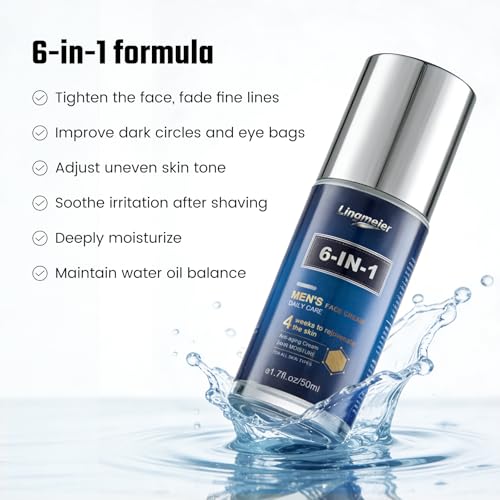 6 in 1 Mens Face Moisturizer, Anti Aging Face Cream for Men with Niacinamide, vitamin E, Hyaluronic Acid, Shea Butter, Deep hydration, Helps Reduce Dark Circles & Eye Bags,1.7 FL OZ