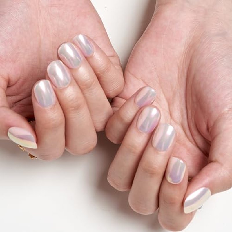 GLAMERMAID Pure White Pearl Chrome Short Press-on Nails