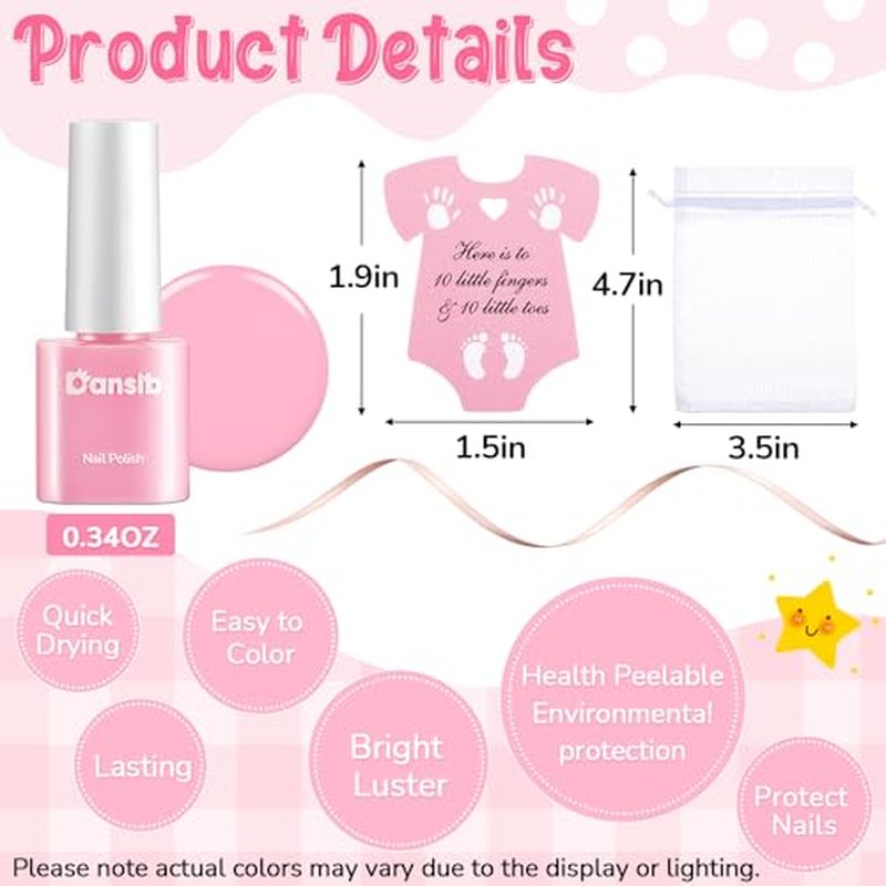 48 Set Pink Baby Shower Favors Mini Nail Polish Bulk Gender Reveal Party Favors for Guests Party Supply Souvenir Return Gifts Thank You Gifts with Card Organza Bags Ribbon Quick Dry