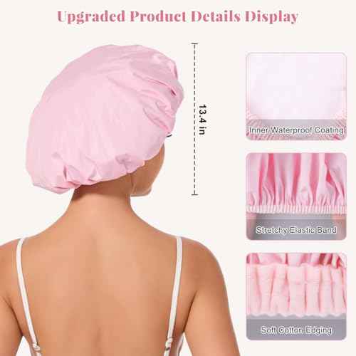 Shower Cap for Women Waterproof Reusable, Large Shower Cap Non-Slip with Elastic Band, Washable Bath Hair Hat for Long Hair, Braids (Pink)