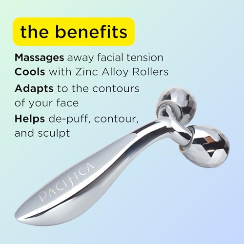 Pacifica Future Youth Stainless Steel Face Roller ? Cooling Dual Gua Sha Facial Massager for Sculpting, Contouring & De-Puffing ? Anti-Aging Skin Care Tool for Wrinkles & Fine Lines Lymphatic Drainage