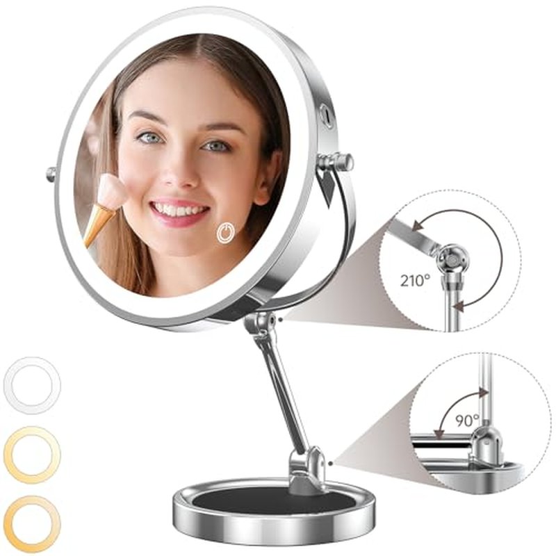 9" Makeup Mirror with Lights and Magnification,4000 mAh Rechargeable Lighted Makeup Mirror,10X Magnifying Mirror with Light and Touch Switch, 360¡Æ Rotation Vanity Mirror with 3 Color Light