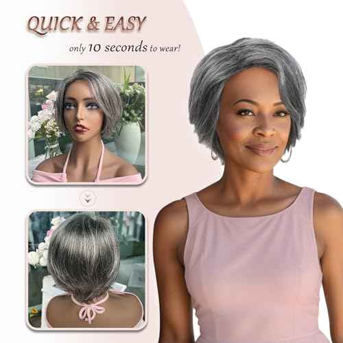 HUA Grey Human Hair Pixie Cut Wigs for Black Women - Mixed 8 Inch Short Salt and Pepper Straight Layered Grey Wigs with Natural Wave