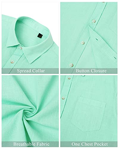 J.VER Men's Short Sleeve Linen Cotton Shirt Casual Button Down Shirt Summer Beach Tops with Pocket Mint Green Medium