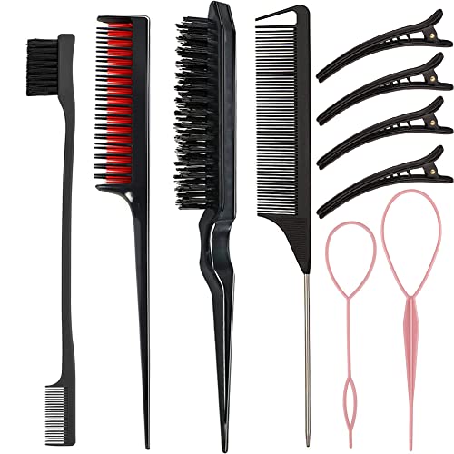 10-Piece Hair Styling Set - Teasing Brush, Triple Comb, Rat Tail, Edge Brush, Braid Tool, Loop Clips for Women, Girls, Kids, and Stylists