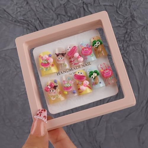 Sumumtor 3D Square Cute Graffiti Duckbill Big Mouth Tips Acrylic Press On Nails,Handmade Salon False Nails with Design Nail Art Gifts for Women and Girls Pregnant,Reusable Stick On Nails 10Pcs,Size S