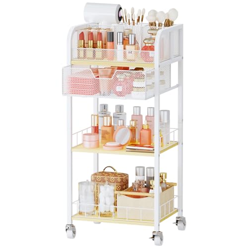 HapiRm Makeup Organizer Storage Cart - 4 Tier Skincare Make Up Storage with Drawer, Rolling Makeup Cart Vanity Organizer Cosmetics Display Cases Holder for Skin Care Perfume Nail Polish Brush