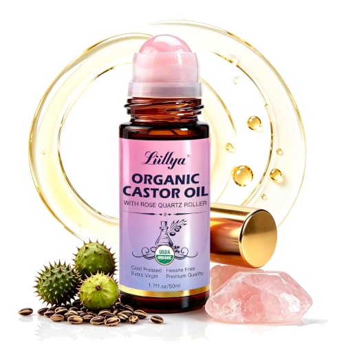 Organic Castor Oil Roll On with Rose Quartz Roller, Cold Pressed 1.7oz