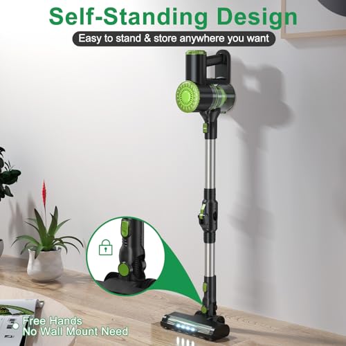 PRETTYCARELIFE Cordless Vacuum Cleaner, 6 in 1 Lightweight Stick Vacuum Self-Standing with Powerful Suction, 180° Bendable Wand Rechargeable Cordless Vacuum for Hardwood Floor (Green)