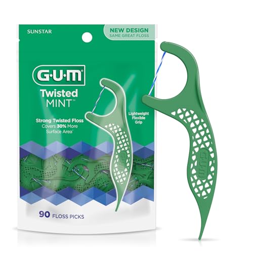 GUM Twisted Mint Floss Picks - Twisted Threads, Shred-Resistant Floss, Easy Grip Handle, 90 Count