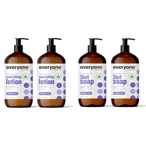 Bundle of Everyone 3-in-1 Soap, Body Wash, Bubble Bath, Shampoo, 32 Ounce (Pack of 2), Lavender and Aloe+ Everyone Nourishing Hand and Body Lotion, 32 Ounce (Pack of 2), Lavender and Aloe