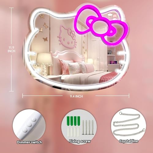 Anime Hello Kit Cat Neon Sign Mirror 12 * 9.5 inch Vanity Mirror with Lights Bedroom Wall Mirror for Pink Room Decor and a Makeup Mirror with Lights Teen Girl Gifts