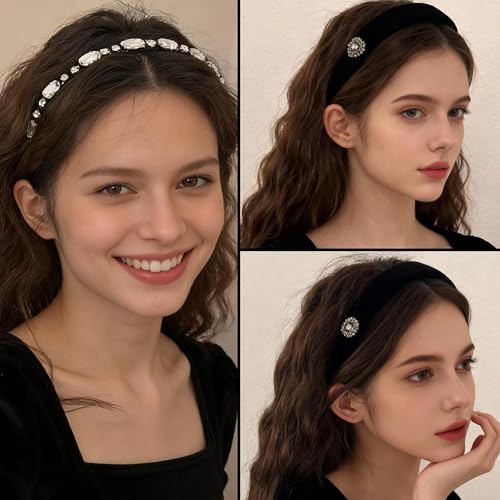 Luxury Black Velvet Headbands Set with Rhinestones & Crystal Hair Accessories for Weddings & Parties