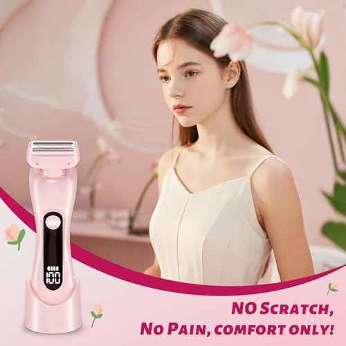 NaTuGi 2 in 1 Electric Shaver for Women Wet Dry Dual Use IPX7 Waterproof with LED Display USB Recharge Dock Dry Use Body Hair Trimmer and Facial Hair Remover for Bikini Underarm Leg Arm Face (Pink)
