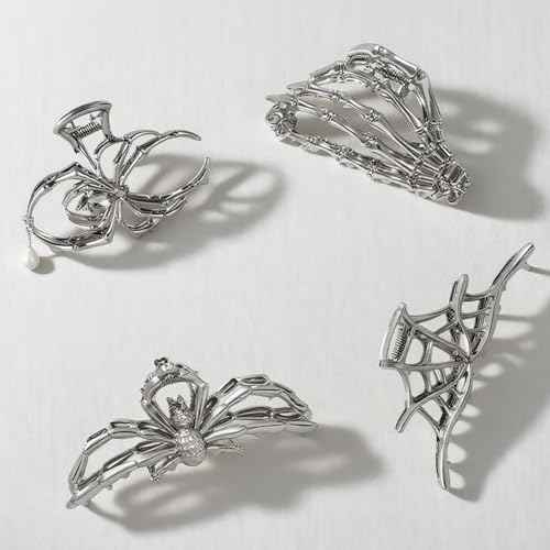 4Pack Claw Clips Hair Accessorie Metal Black Spider Web hair clips Skeleton Hand Skull Hair Clips for Women And Girls,Goth Accessories for Thick Hair, Halloween Christmas Gift.(Black 4Pcs)