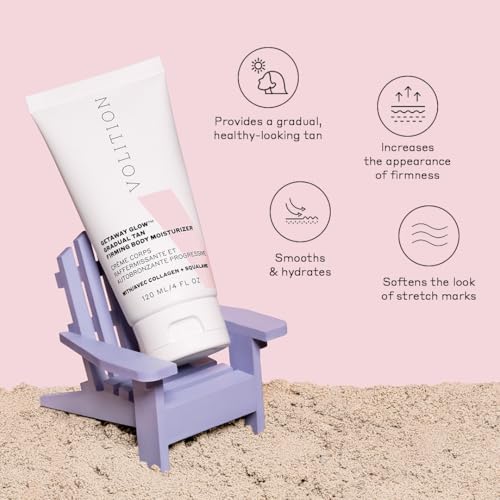 Volition Beauty Getaway Glow Gradual Tan Firming Body Moisturizer with Vegan Collagen + Squalane | Skin Smoothing Cream, Stretchmark Treatment & Sunless Tanning Lotion | Quick Drying Formula