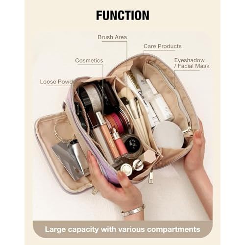 Travel Makeup Bag for Women, Large Capacity PU Leather Waterproof Checkered Cosmetic Bags, Portable Pouch Open Flat Toiletry Bag, Make up Organizer with Divider and Handle, Purple