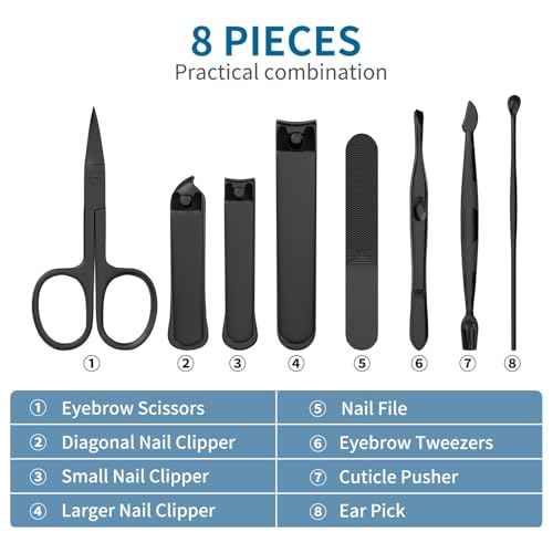 Precision 8 Pieces Men¡¯s Nail Grooming Travel Kit, Stainless Steel Manicure Set with Fingernail & Toenail Clippers, Nail File, Slant Tip Tweezers, Cuticle Scissors, Cuticle Pusher, Travel Case