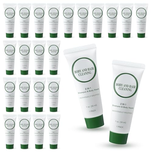 Travel Size 2-in-1 Shampoo and Body Wash Bulk, Individually Wrapped Trial Mini Shampoo and Shower Gel, Small Men Women Cleansing Toiletries Amenities for Hotel/ Vacation/ Homeless 1 oz (Pack of 60)