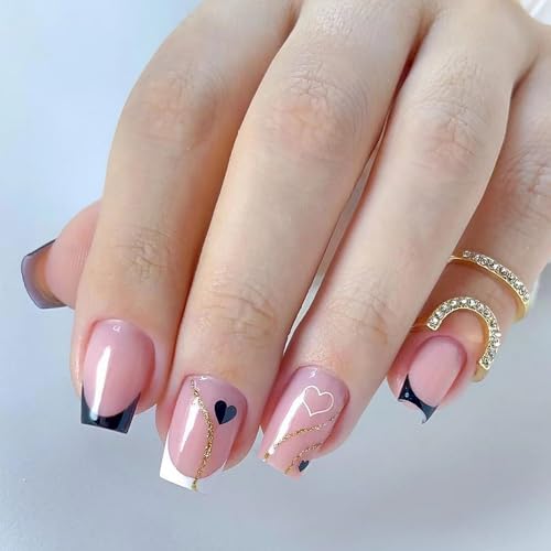 Valentine's Day Press on Nails Square Fake Nails Medium French Tip Stick on Nails with Hearts Designs Acrylic Nails Full Cover Glossy Glue on Nails for Women Girls Holiday Nail Decorations24pcs