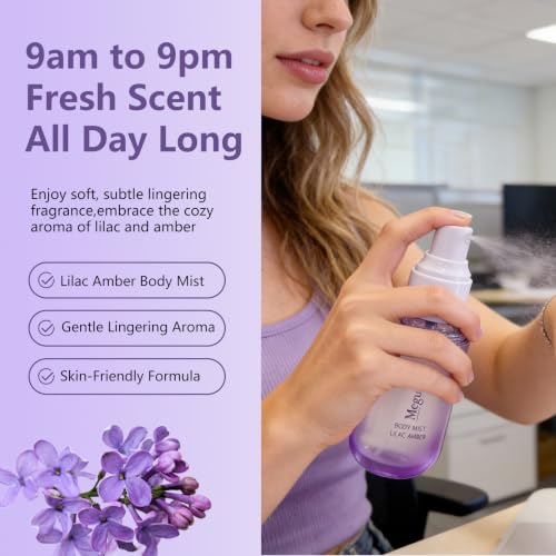 MegustaMe Lilac Amber Body Spray for Women - Vegan, Paraben & Phthalate Free, Quick-Dry Fragrance Mist, 3.38 fl oz