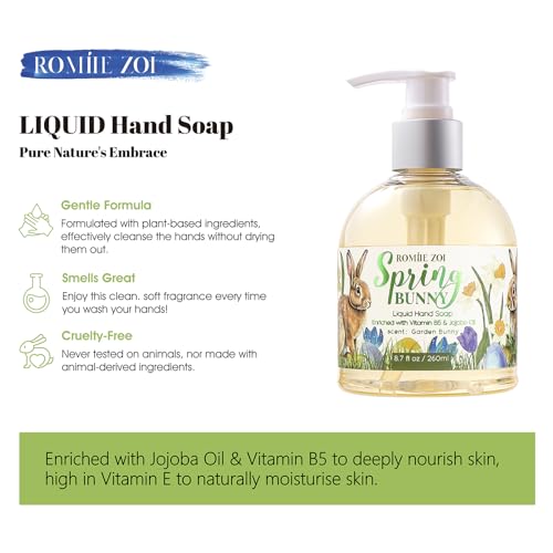 ROMIIE ZOI Mini Liquid Hand Soap for Easter Gift Basket- Spring Bunny Vintage Style - Infused with Garden Bunny Aroma - 260 ML / 8.7 FL OZ