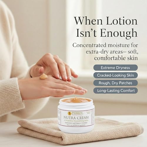 Perrin Naturals Nutra Cream, Concentrated Moisturizing Balm for Very Dry Skin, Targeted Dry Skin Cream for Hands, Heels & Elbows, Skin Barrier Support, Vitamins C E D3 + Resveratrol, 2 oz