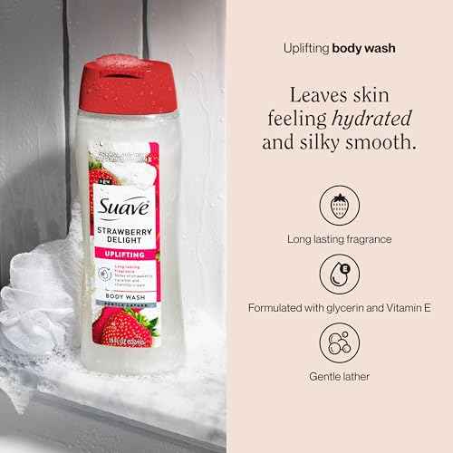 Suave Strawberry Delight Uplifting Body Wash, Formulated with Glycerin and Vitamin E for Hydrating and Gently Cleansing Skin, 18 oz, 6 Pack