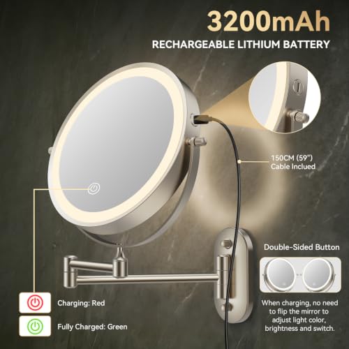 Auxmir 8-Inch Wall Mounted Makeup Mirror 30X Magnification, Rechargeable, Nickel Finish