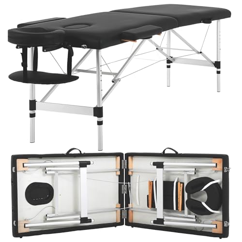 24" Black Portable Massage Bed - Foldable & Adjustable Aluminium Frame, 2 Fold Version