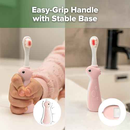 haakaa Dinosaur Toothbrush for Kids 2-4 ? Soft Bristles Baby Toothbrush with Silicone Handle, Non-Slip Grip & Tongue Cleaner | BPA-Free, Fun Training for Toddlers - Pink, 1 Count