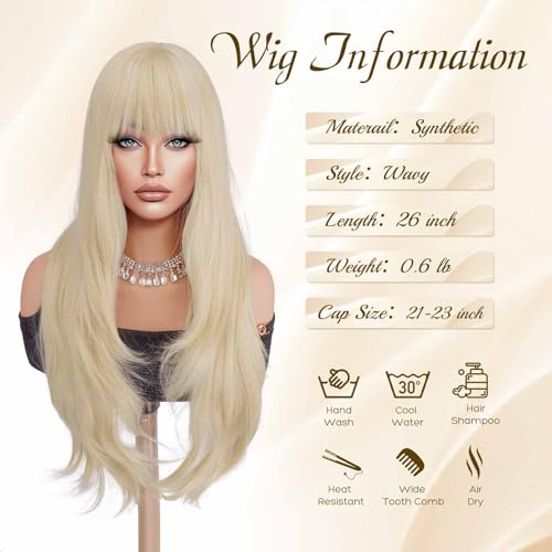 Haloo Blonde Wigs for Women - 26 Inch Platinum Long Wavy Synthetic Wig with Bangs