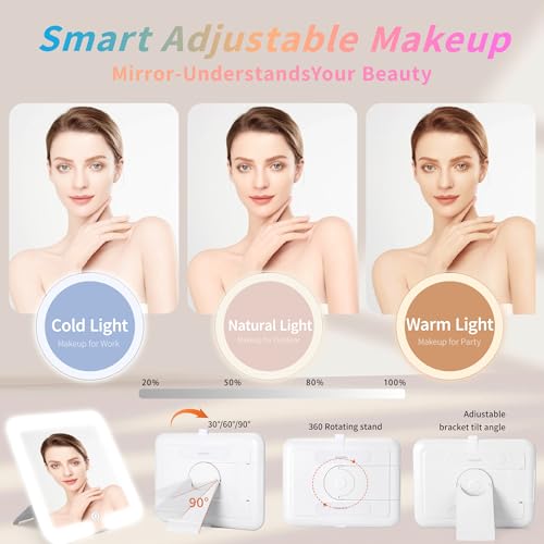 Makeup Bag with LED Mirror & Magnifier, Large Cosmetic Organizer Travel Makeup Case with Adjustable Brightness & 6 Detachable Dividers, Portable Makeup Storage for Women Girls (Pink)