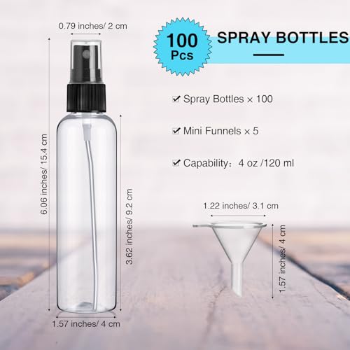 Layhit 100 Pcs 4 oz Small Spray Bottles Bulk, 120ml Clear Plastic Spray with 5 Pcs Small Funnels Mini Empty Fine Mist Bottles for Essential Oils Travel Perfumes