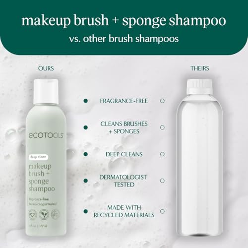 EcoTools Makeup Brush & Sponge Shampoo - Fragrance-Free Cleanser for Brushes, Sponges & Puffs, No Harsh Chemicals, Vegan & Cruelty-Free, 6 fl.oz./ 177 ml, 2 Count