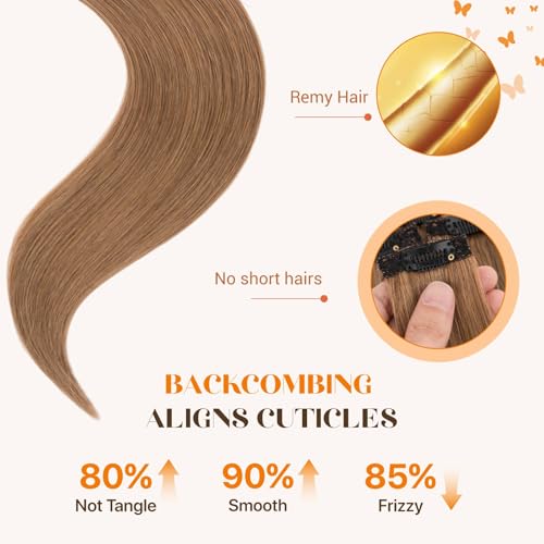 6PCS Clip in Hair Extensions Real Human Hair, Short Hairpieces for Women Single Clip Ins to add Highlights & Volume, No Tangle & Smooth,20 Inch 44g #06 Light Brown