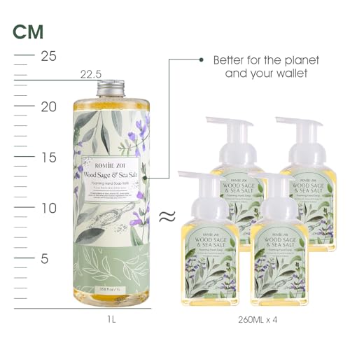 ROMIIE ZOI Foaming Hand Soap Refill Gift Set ? Wood Sage & Sea Salt Scent ? 3 Pack (1000ML Each) with Dispenser, Gentle & Moisturizing Plant-Based Formula ? Bulk Refill Bottles for Bathroom & Kitchen