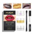 KYDA 3 Colors Glitter Lip Kit, Diamond Metllic High Pigmented Powder for Lips Cosmetics, Glitter Lips Makeup,with Lip Primer and Brush, Long Wear-Set D
