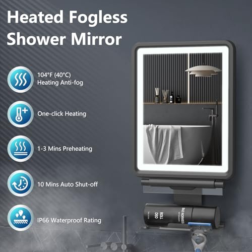 Shinowa Heated Fogless Shower Mirror with LED Light & Razor Holder